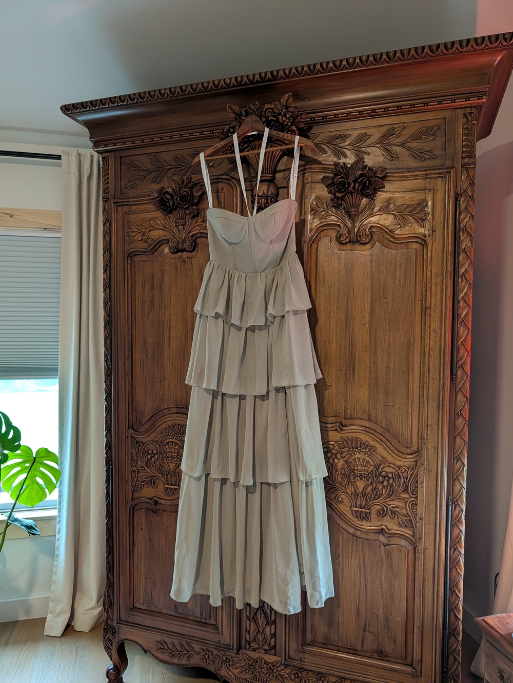 Azazie Bridesmaid Tiered Ruffle Spaghetti Strap Dress in Moss Green
